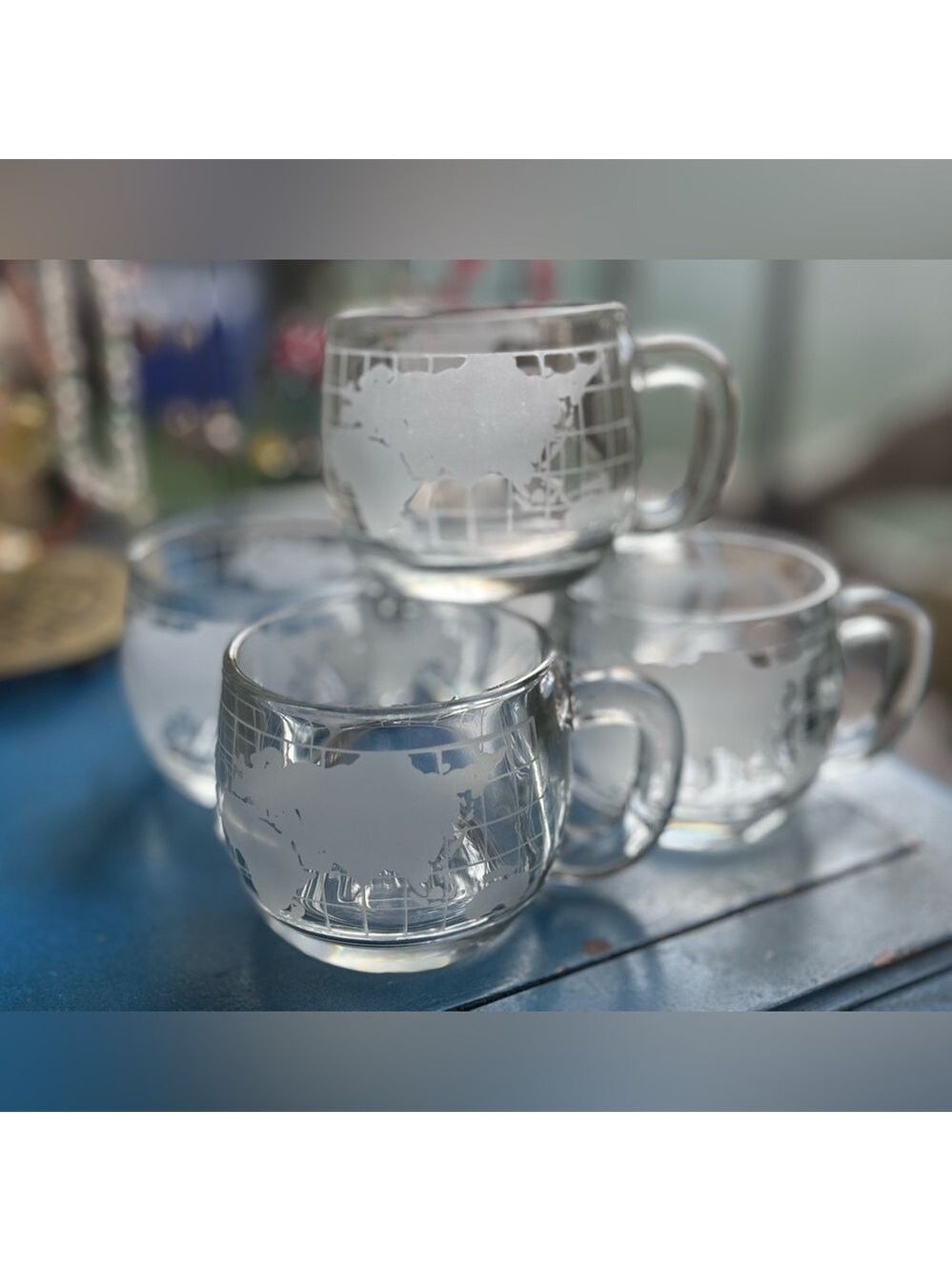 Vintage Nescafé Thick Etched Glass World Map Set of 5 Globe Mugs | 1970s Retro 🌎 - Picture 3 of 13